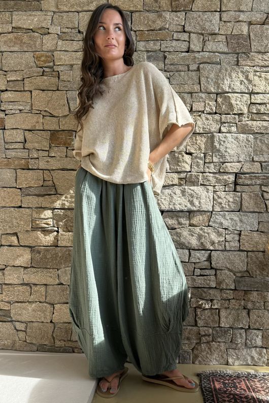 Tasha Cushion Cotton Balloon Barrel Pant Khaki